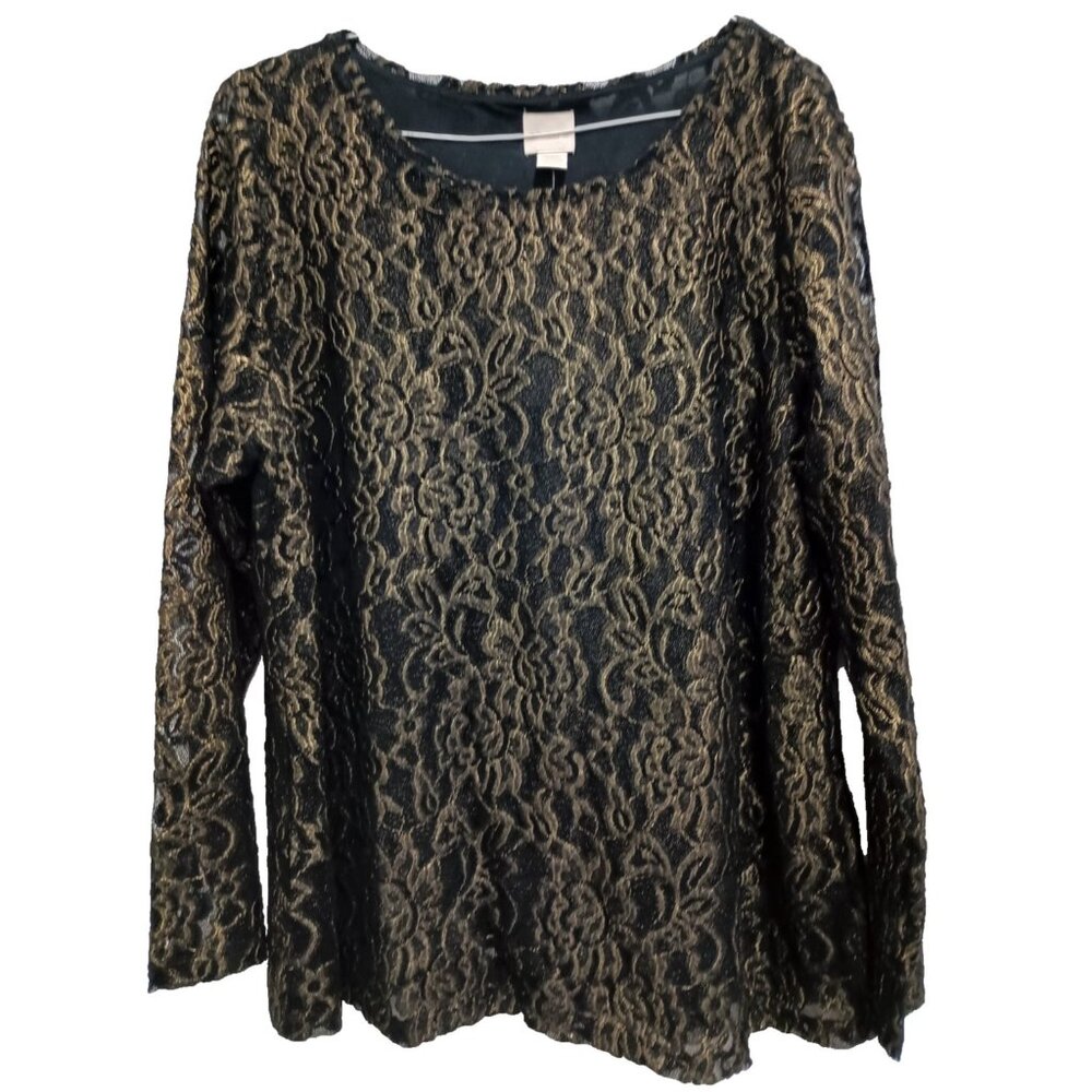 Chicos Womens Top Large Foil Gold Lace Whimsygoth Dark Fairy Long Sleeve NEW